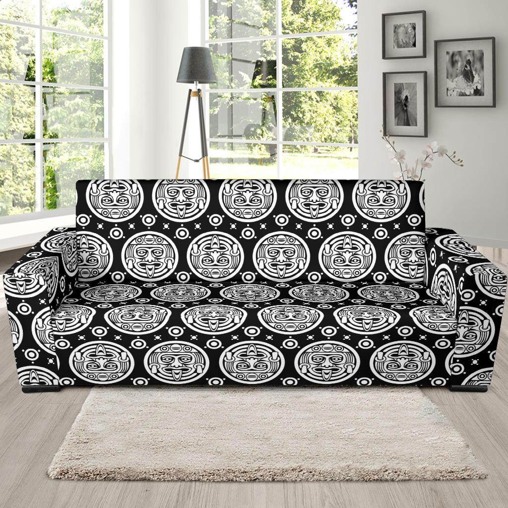 Calendar Aztec White Black Print Pattern Sofa Slipcover-JTAMIGO.COM