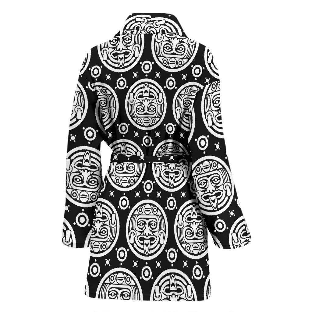 Calendar Aztec White Black Print Pattern Women Bath Robe-JTAMIGO.COM
