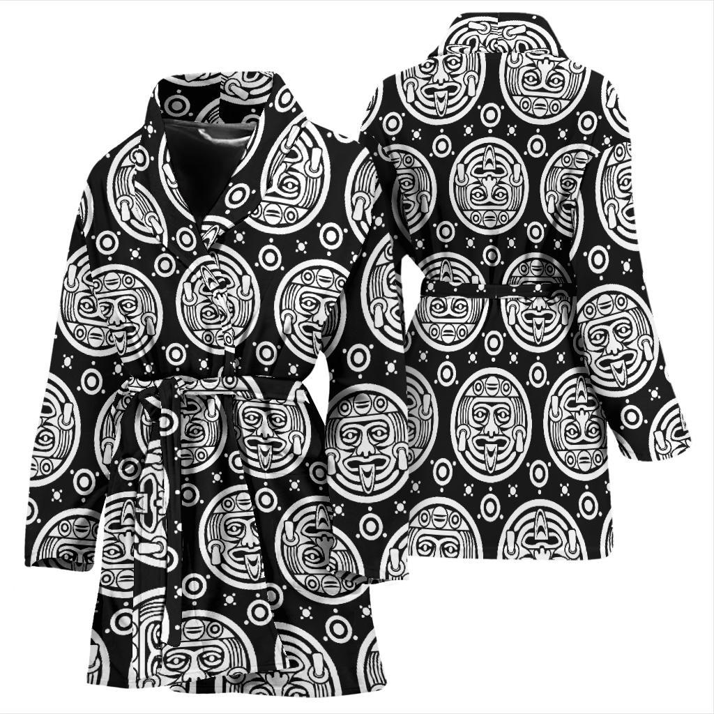 Calendar Aztec White Black Print Pattern Women Bath Robe-JTAMIGO.COM