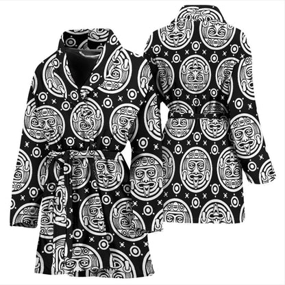 Calendar Aztec White Black Print Pattern Women Bath Robe-JTAMIGO.COM