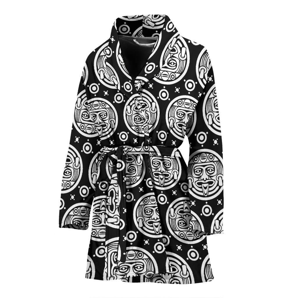 Calendar Aztec White Black Print Pattern Women Bath Robe-JTAMIGO.COM