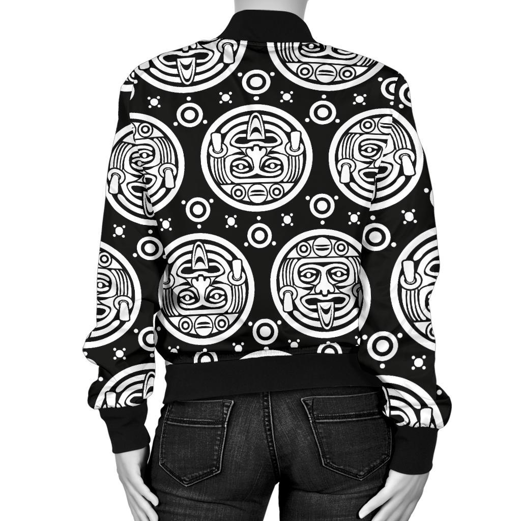 Calendar Aztec White Black Print Pattern Women Casual Bomber Jacket