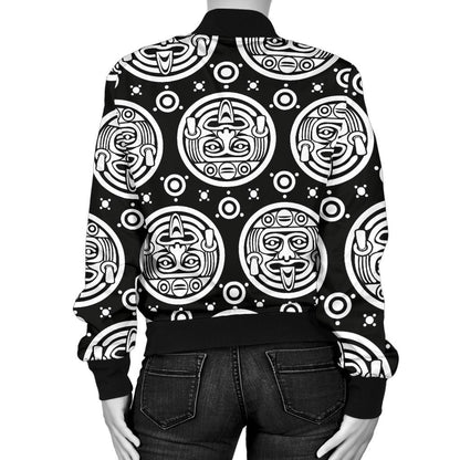 Calendar Aztec White Black Print Pattern Women Casual Bomber Jacket