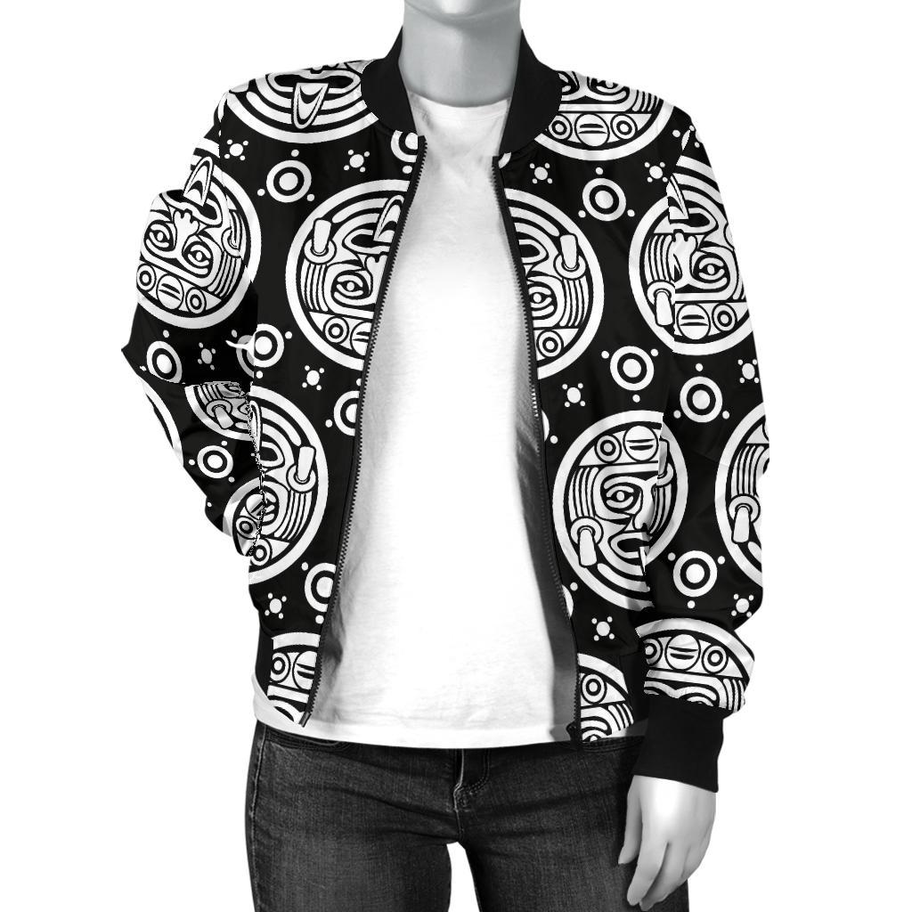 Calendar Aztec White Black Print Pattern Women Casual Bomber Jacket