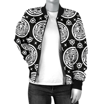 Calendar Aztec White Black Print Pattern Women Casual Bomber Jacket