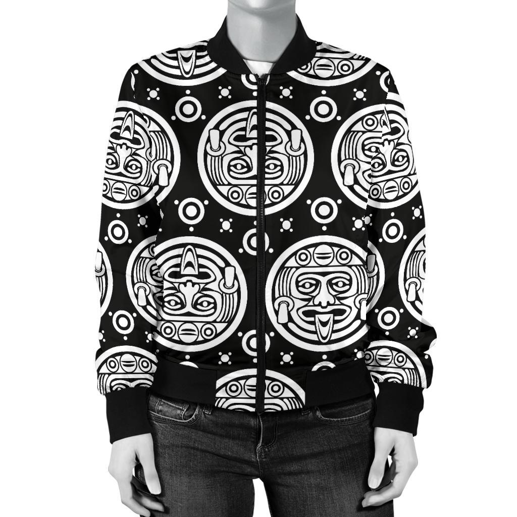 Calendar Aztec White Black Print Pattern Women Casual Bomber Jacket