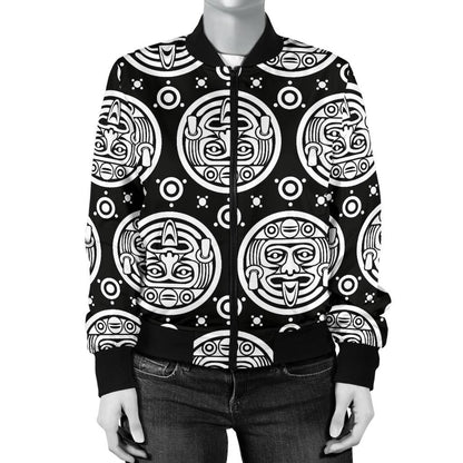 Calendar Aztec White Black Print Pattern Women Casual Bomber Jacket