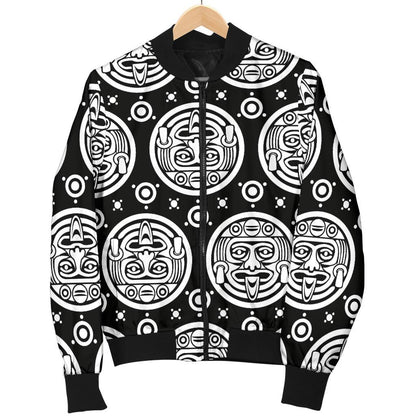 Calendar Aztec White Black Print Pattern Women Casual Bomber Jacket
