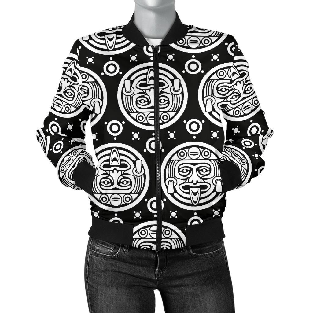 Calendar Aztec White Black Print Pattern Women Casual Bomber Jacket