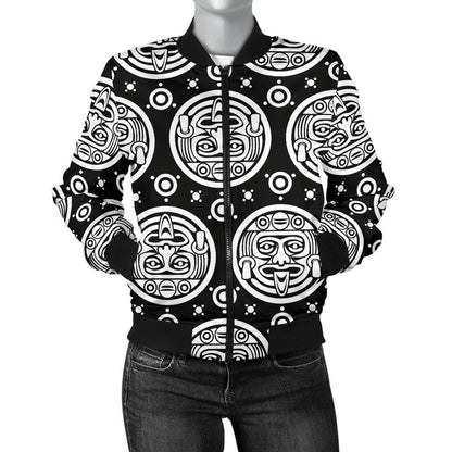 Calendar Aztec White Black Print Pattern Women Casual Bomber Jacket