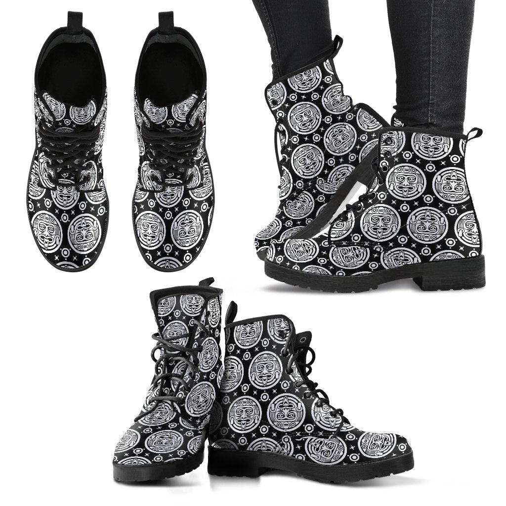 Calendar Aztec White Black Print Pattern Women Leather Boots-JTAMIGO.COM