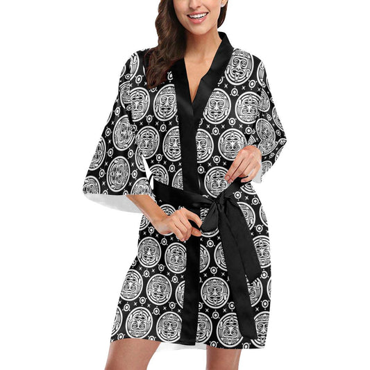 Calendar Aztec White Black Print Pattern Women Short Kimono Robe