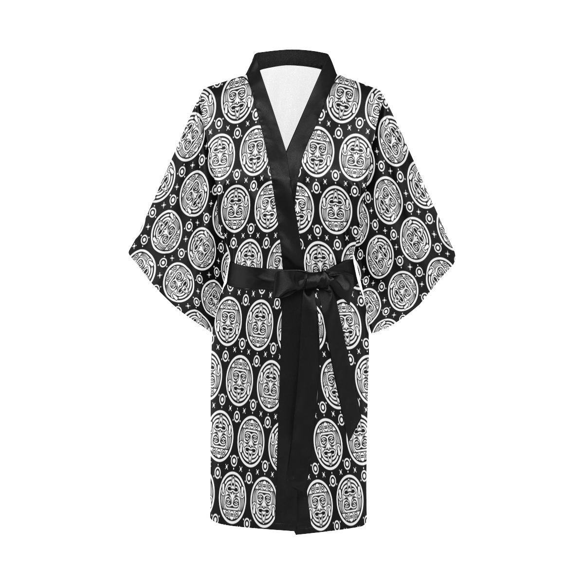 Calendar Aztec White Black Print Pattern Women Short Kimono Robe