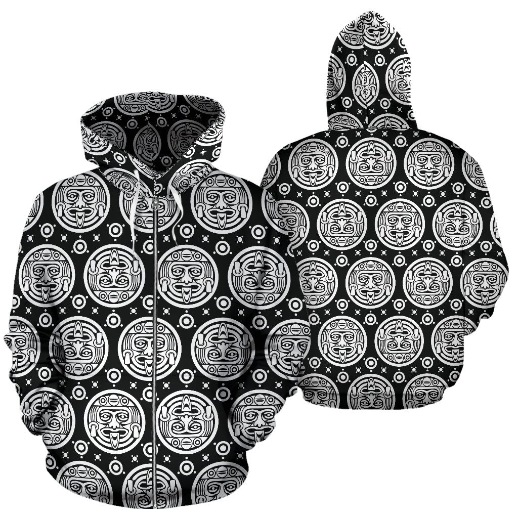 Calendar Aztec White Black Print Pattern Zip Up Hoodie