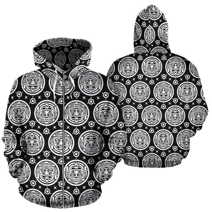 Calendar Aztec White Black Print Pattern Zip Up Hoodie