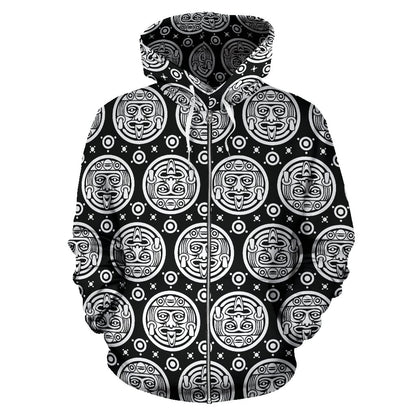 Calendar Aztec White Black Print Pattern Zip Up Hoodie