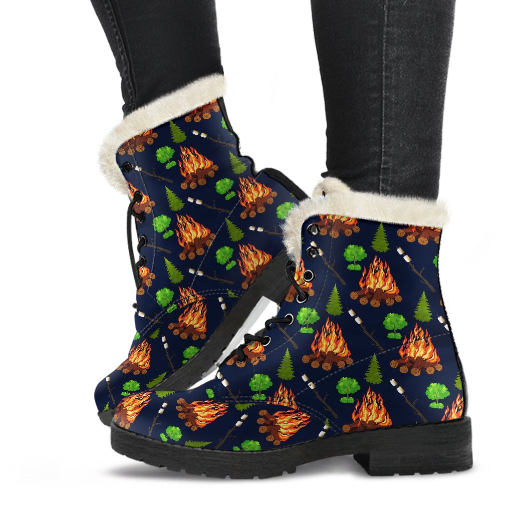 Camfire marshmallow Camping Design Print Faux Fur Leather Boots-JTAMIGO.COM