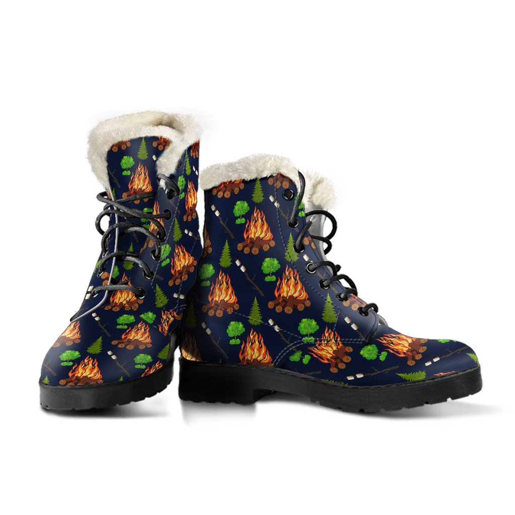 Camfire marshmallow Camping Design Print Faux Fur Leather Boots-JTAMIGO.COM