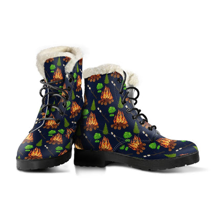 Camfire marshmallow Camping Design Print Faux Fur Leather Boots-JTAMIGO.COM