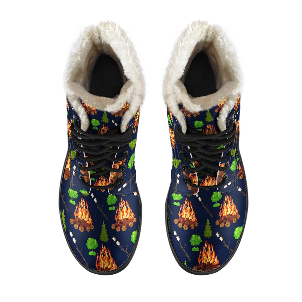 Camfire marshmallow Camping Design Print Faux Fur Leather Boots-JTAMIGO.COM