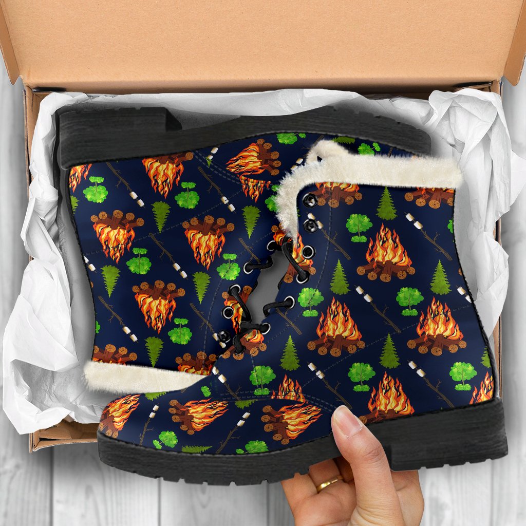 Camfire marshmallow Camping Design Print Faux Fur Leather Boots-JTAMIGO.COM