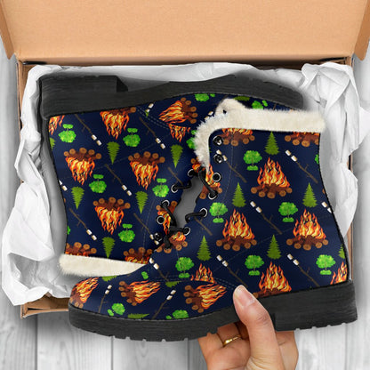 Camfire marshmallow Camping Design Print Faux Fur Leather Boots-JTAMIGO.COM