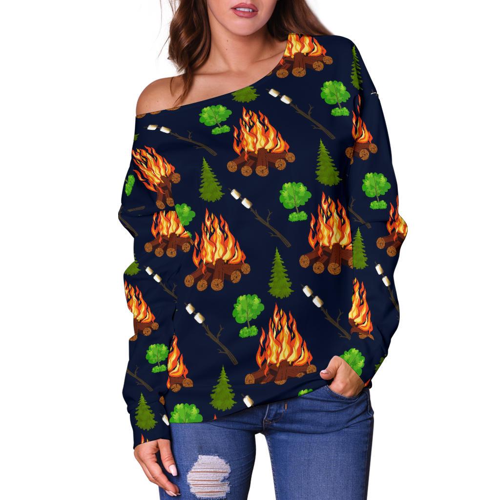 Camfire marshmallow Camping Design Print Off Shoulder Sweatshirt