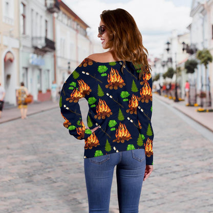 Camfire marshmallow Camping Design Print Off Shoulder Sweatshirt