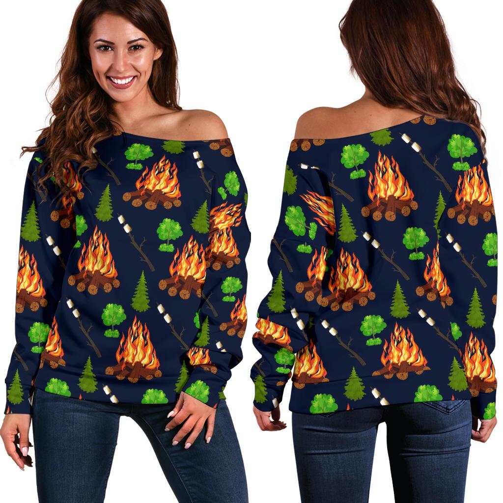 Camfire marshmallow Camping Design Print Off Shoulder Sweatshirt