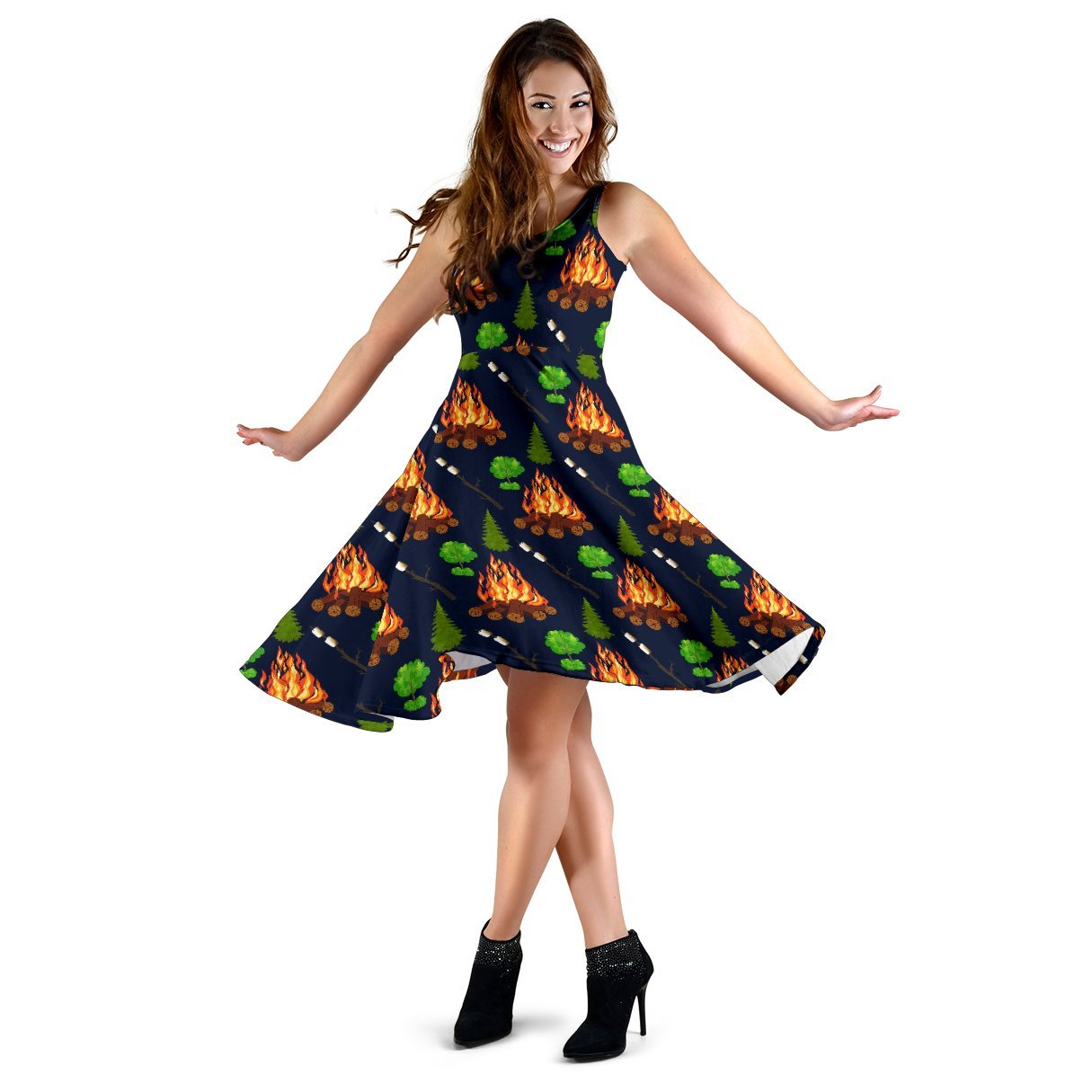 Camfire marshmallow Camping Design Print Sleeveless Dress