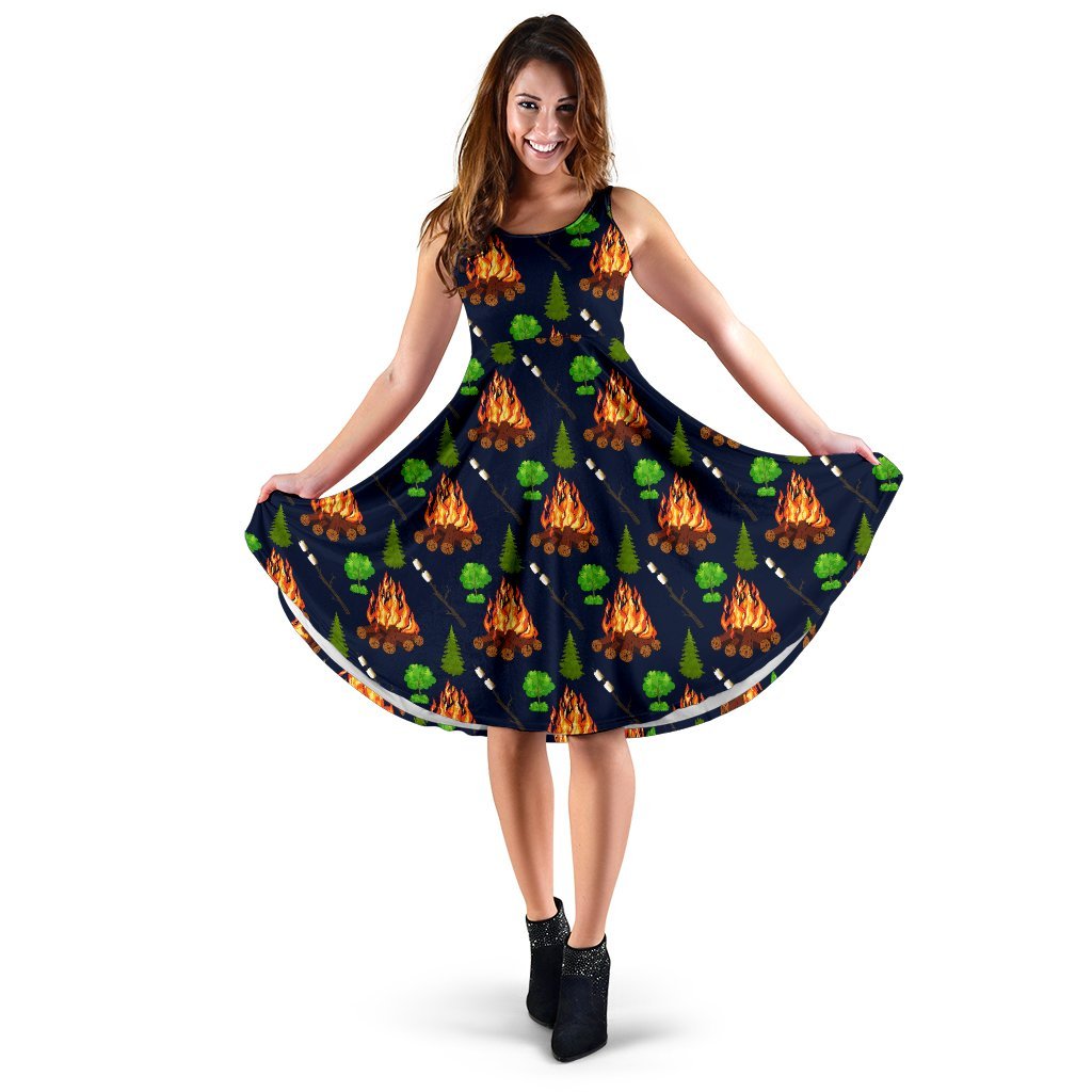 Camfire marshmallow Camping Design Print Sleeveless Dress