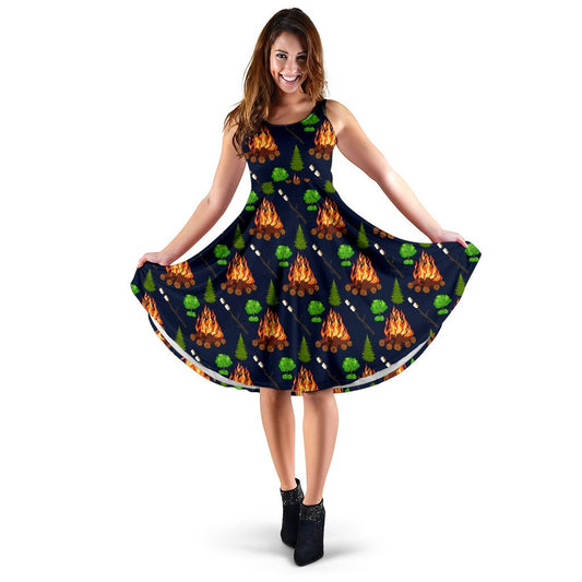 Camfire marshmallow Camping Design Print Sleeveless Dress