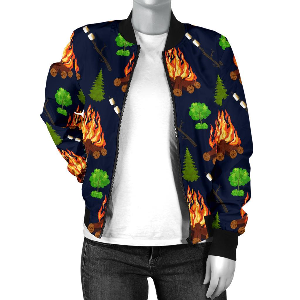 Camfire Marshmallow Camping Design Print Women Casual Bomber Jacket