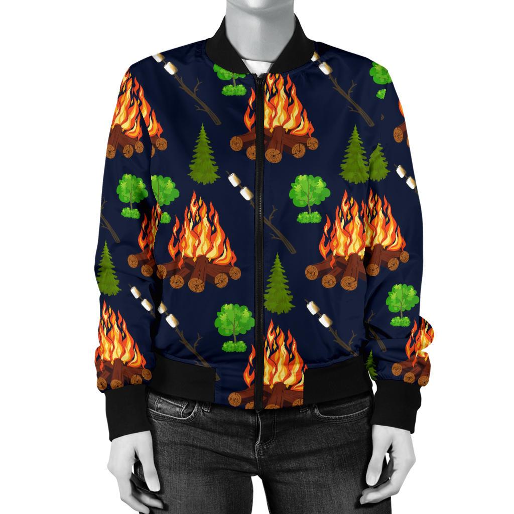 Camfire Marshmallow Camping Design Print Women Casual Bomber Jacket