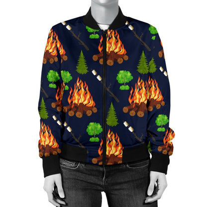 Camfire Marshmallow Camping Design Print Women Casual Bomber Jacket
