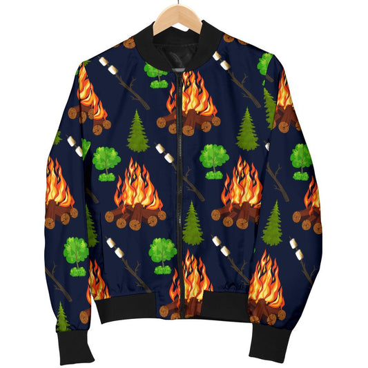 Camfire Marshmallow Camping Design Print Women Casual Bomber Jacket