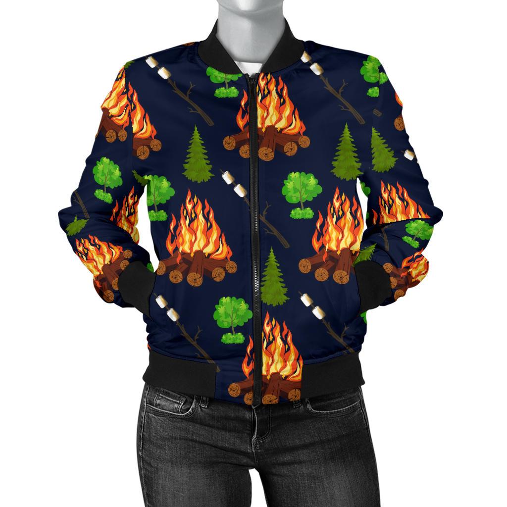 Camfire Marshmallow Camping Design Print Women Casual Bomber Jacket