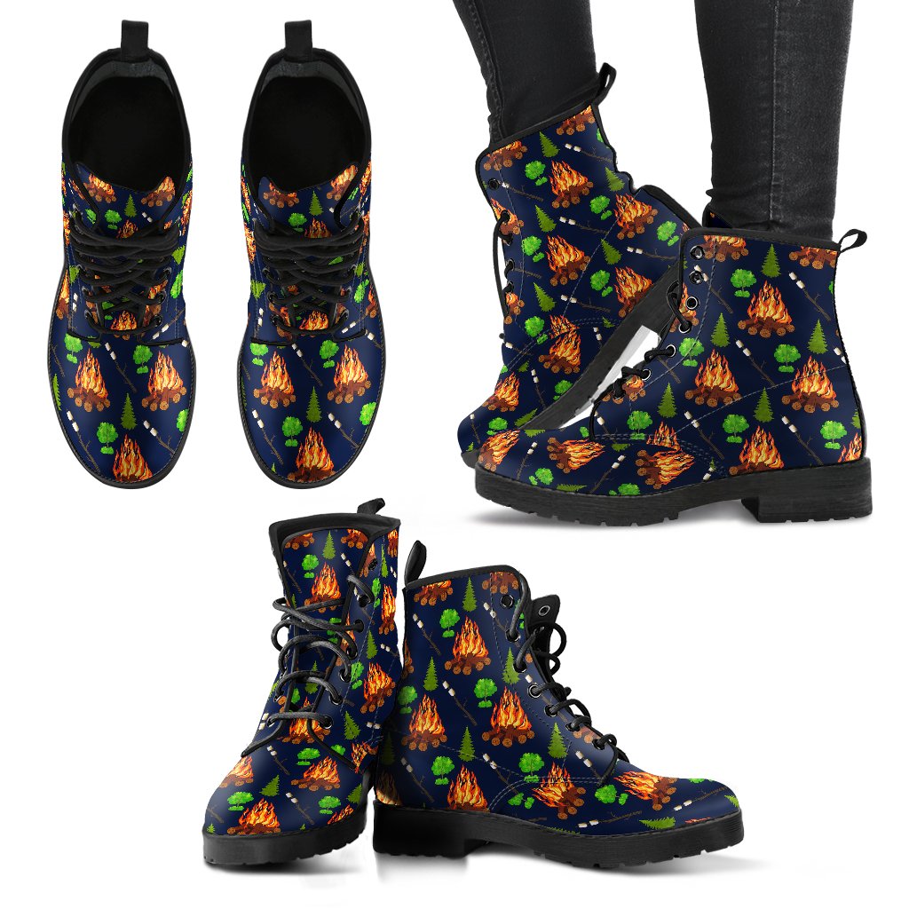 Camfire marshmallow Camping Design Print Women Leather Boots-JTAMIGO.COM