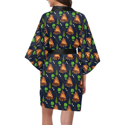 Camfire marshmallow Camping Design Print Women Short Kimono Robe