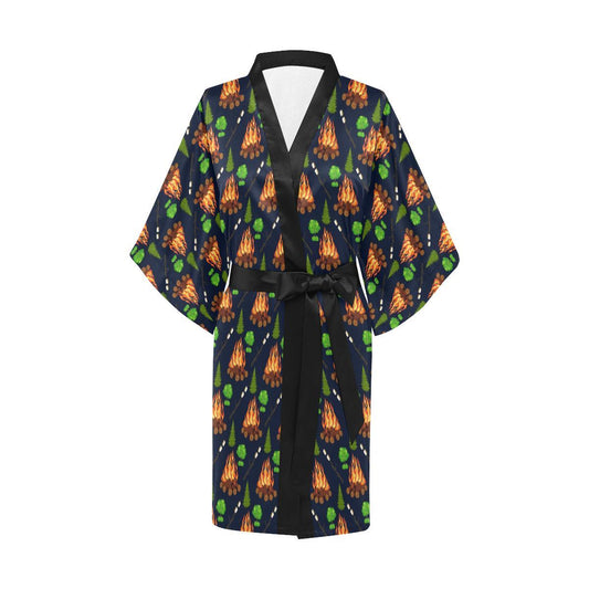 Camfire marshmallow Camping Design Print Women Short Kimono Robe