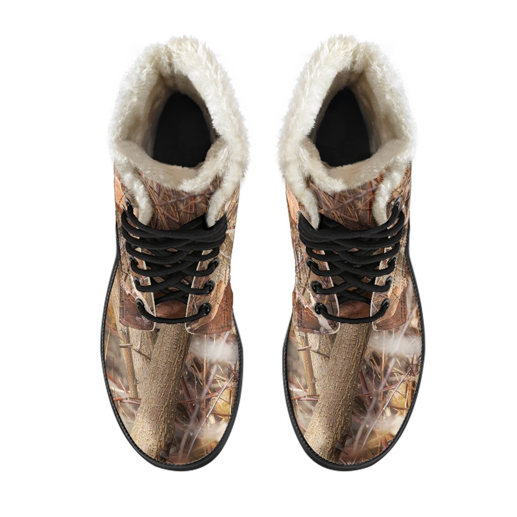 Camo Realistic Tree Forest Autumn Print Faux Fur Leather Boots-JTAMIGO.COM