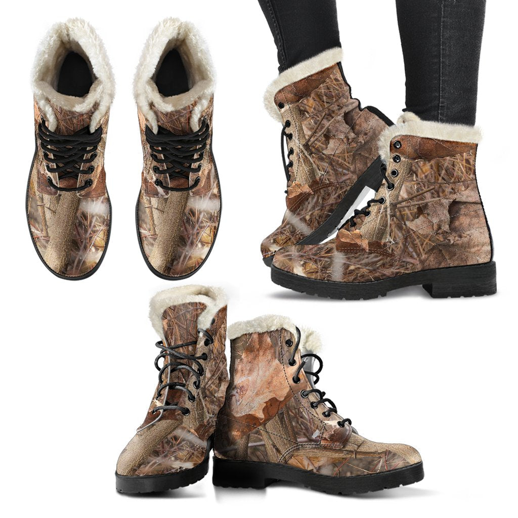 Camo Realistic Tree Forest Autumn Print Faux Fur Leather Boots-JTAMIGO.COM