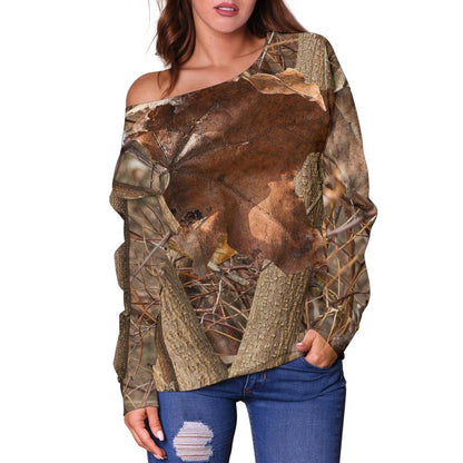 Camo Realistic Tree Forest Autumn Print Off Shoulder Sweatshirt