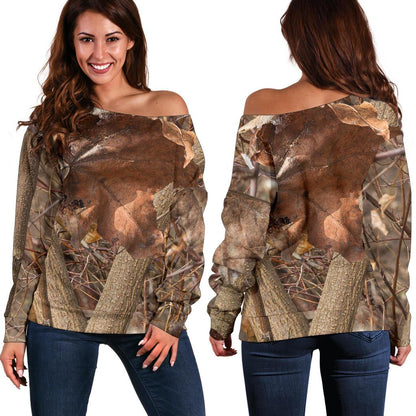 Camo Realistic Tree Forest Autumn Print Off Shoulder Sweatshirt