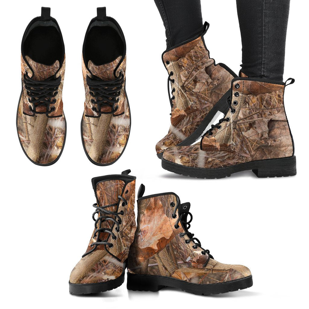 Camo Realistic Tree Forest Autumn Print Women Leather Boots-JTAMIGO.COM