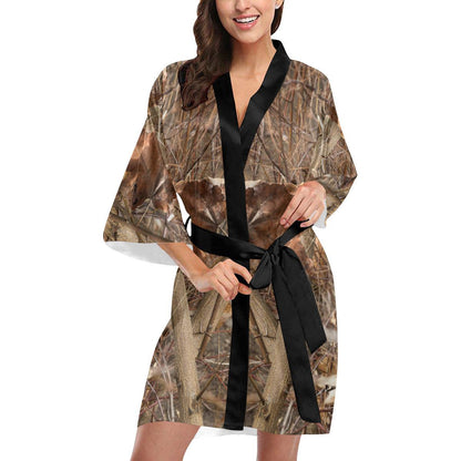 Camo Realistic Tree Forest Autumn Print Women Short Kimono Robe