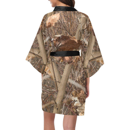 Camo Realistic Tree Forest Autumn Print Women Short Kimono Robe