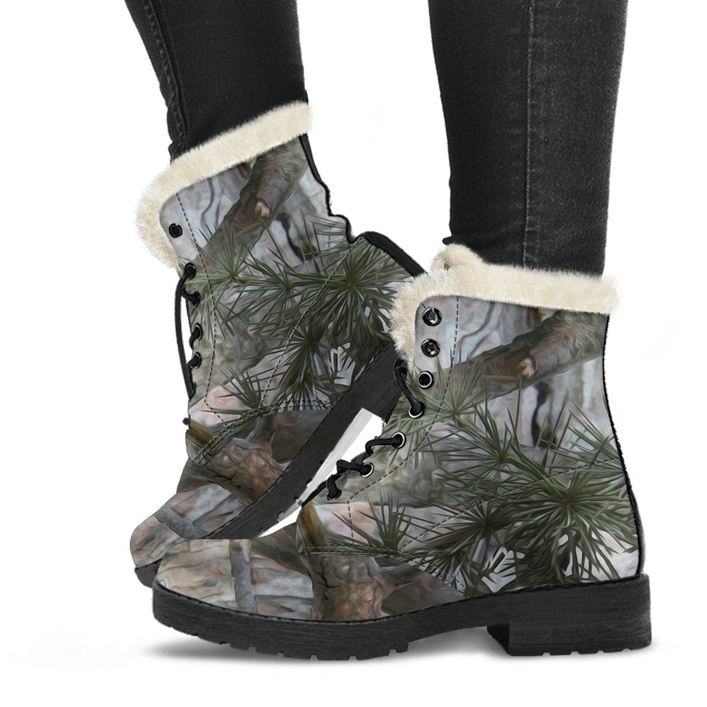 Camo Realistic Tree Forest Pattern Faux Fur Leather Boots-JTAMIGO.COM