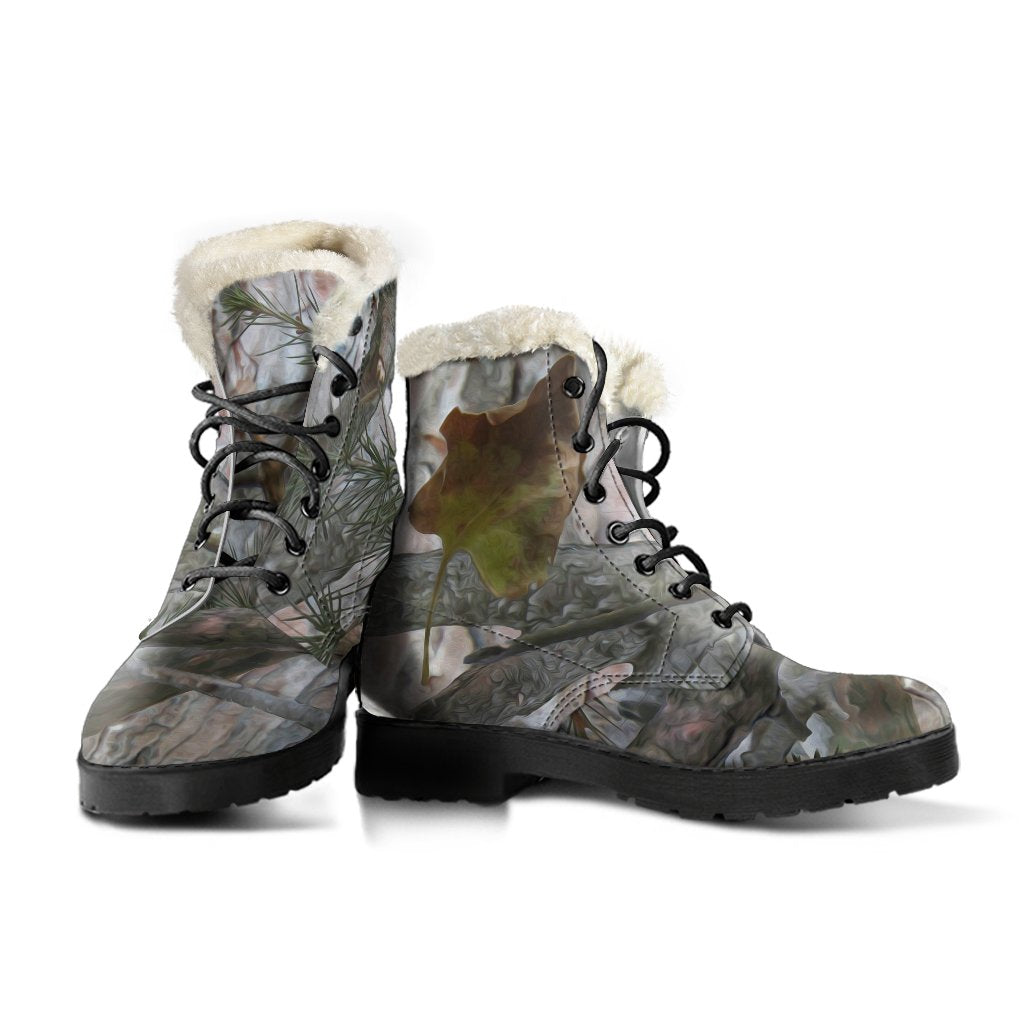 Camo Realistic Tree Forest Pattern Faux Fur Leather Boots-JTAMIGO.COM