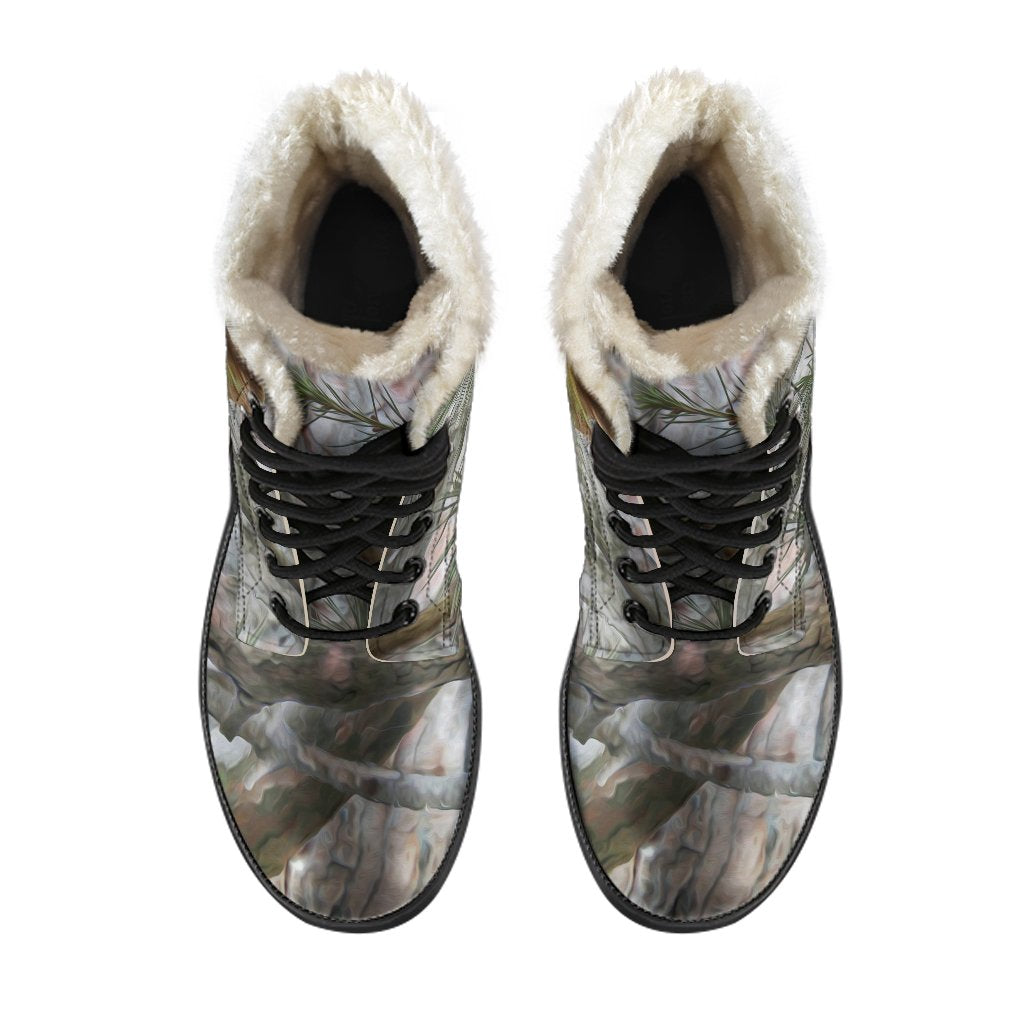 Camo Realistic Tree Forest Pattern Faux Fur Leather Boots-JTAMIGO.COM